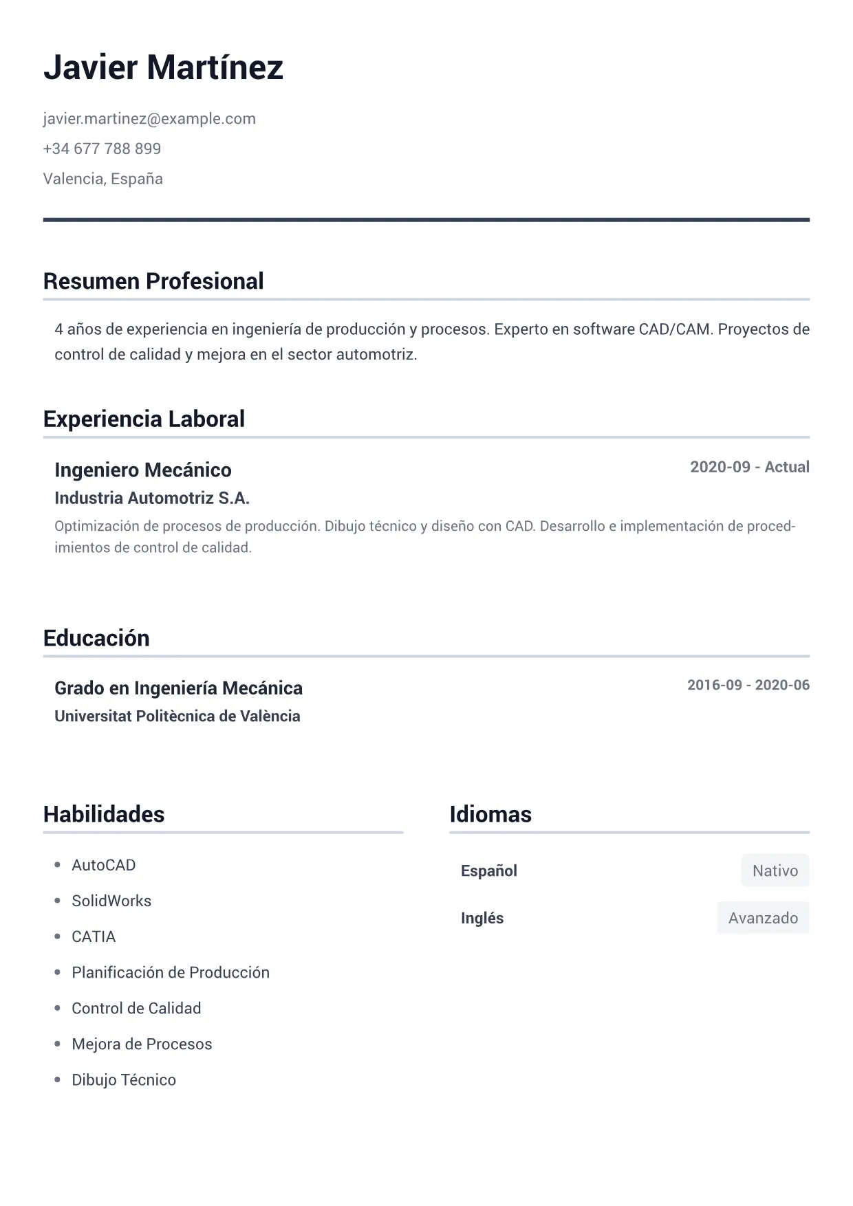 Ejemplo de CV de Ingeniero Mecánico – Gris Minimal (1/1)