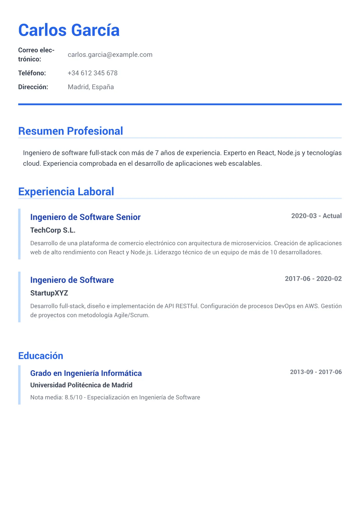 Ejemplo de CV de Ingeniero de Software – Azul Ejecutivo (1/2)