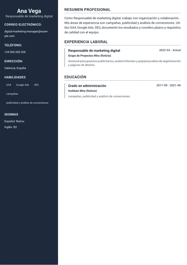 Responsable de marketing digital CV – Sidebar Profesional