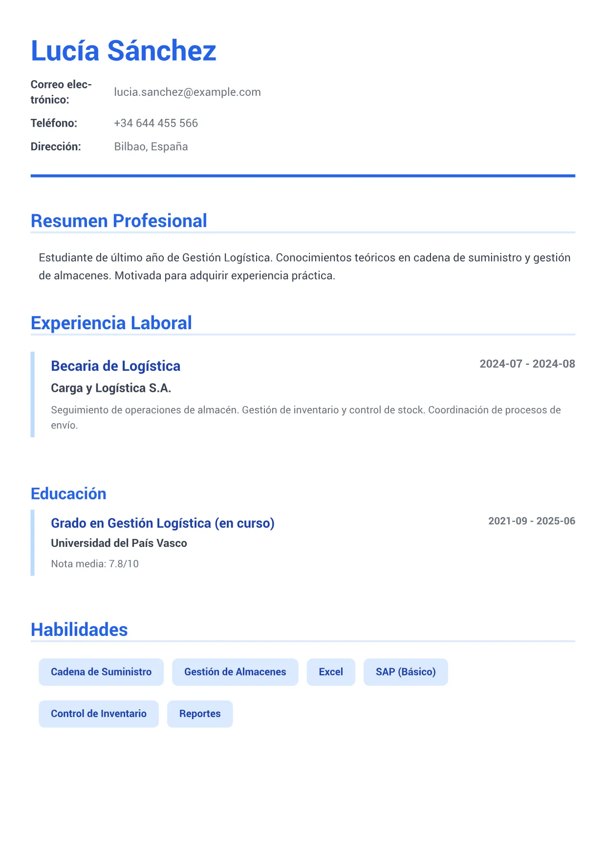 Ejemplo de CV de Becaria de Logística – Azul Ejecutivo (1/2)