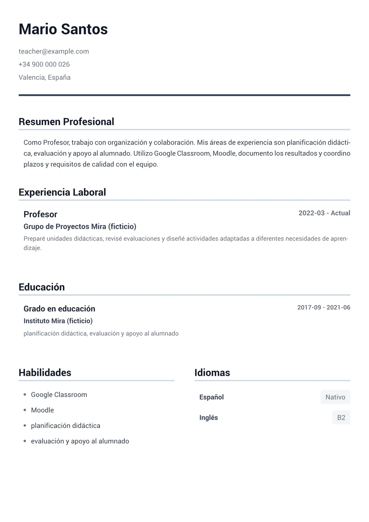 Ejemplo de CV de Profesor – Gris Minimal (1/1)