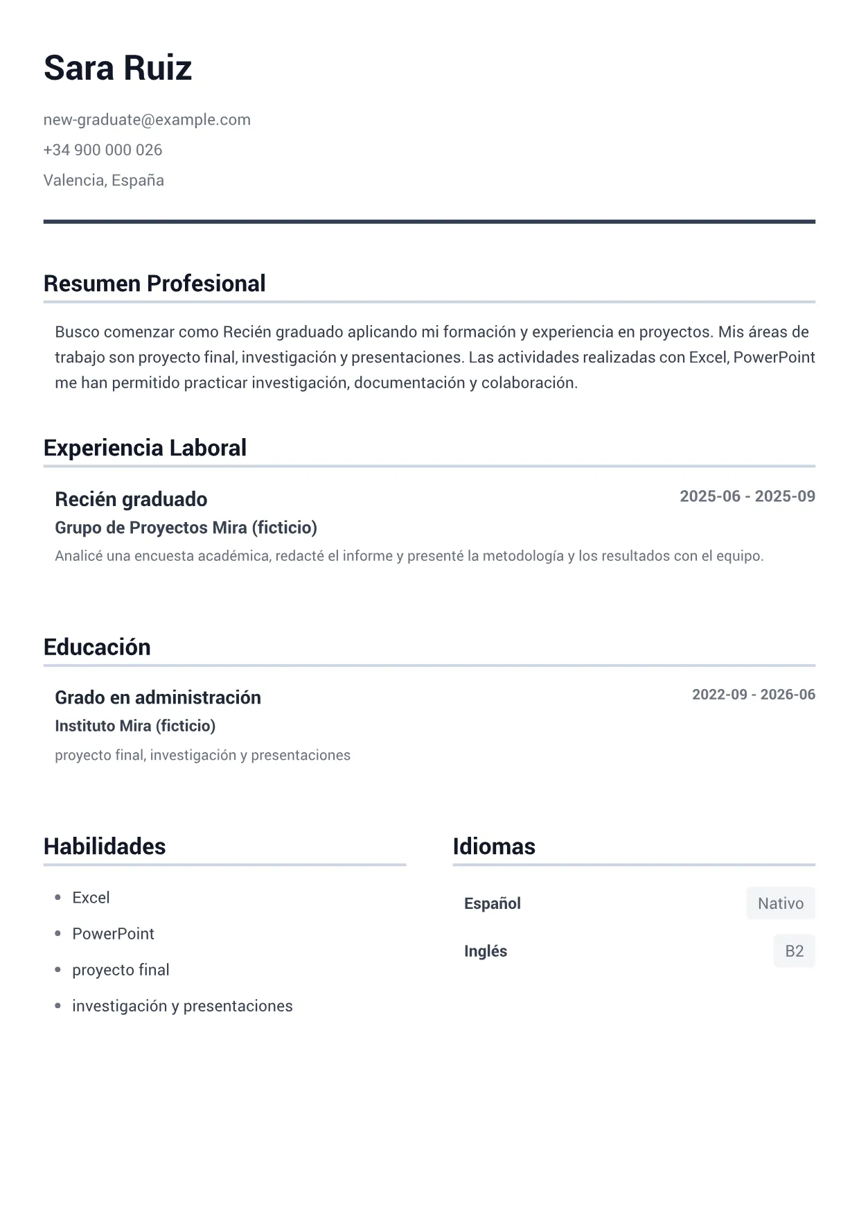 Ejemplo de CV de Recién graduado – Gris Minimal (1/1)