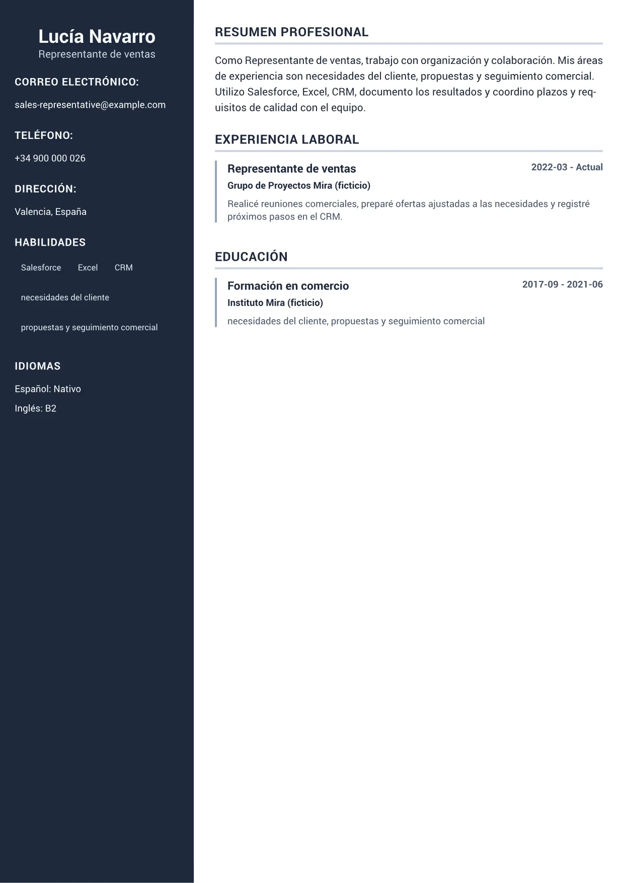 Ejemplo de CV de Representante de ventas – Sidebar Profesional (1/1)