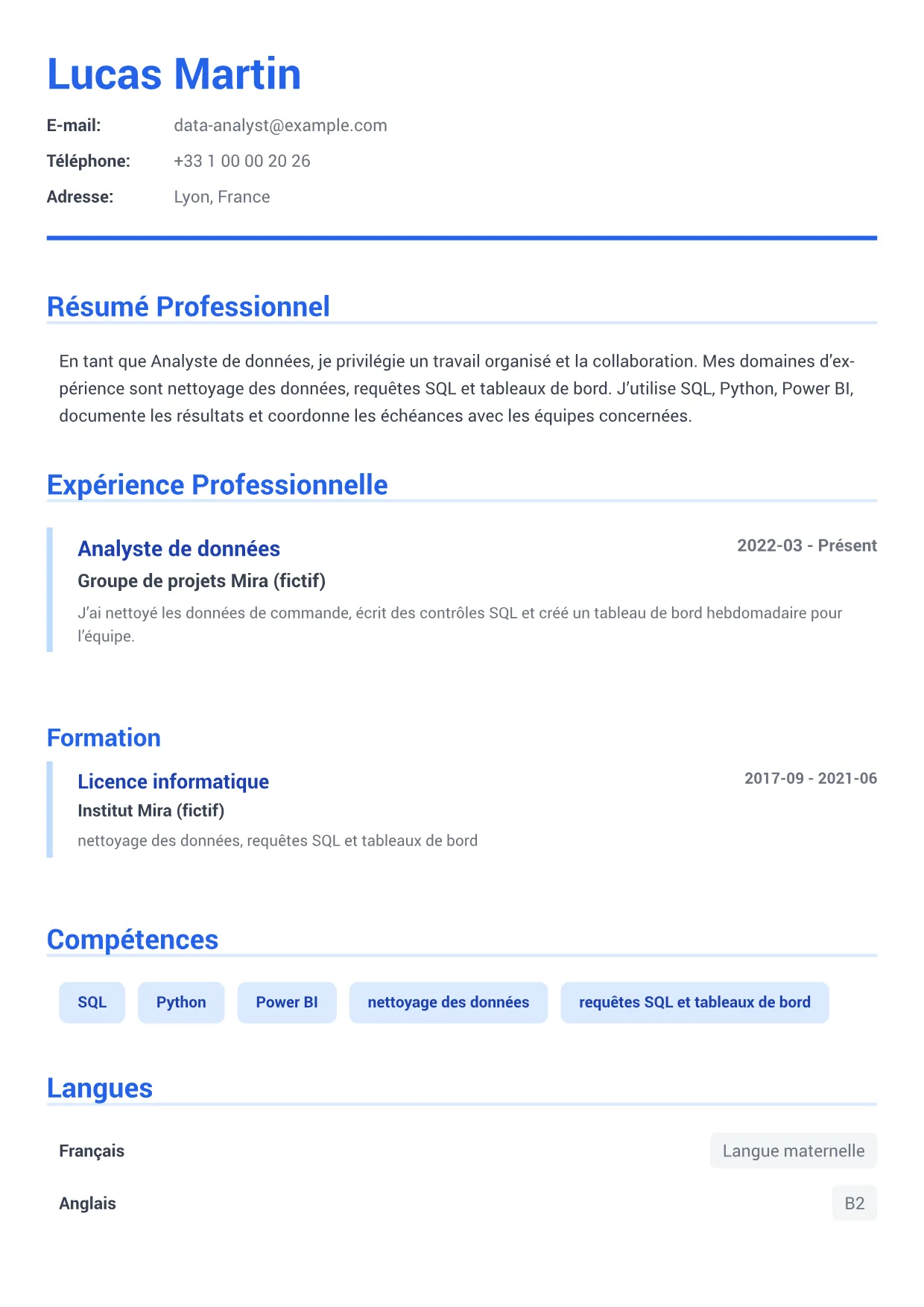 Exemple de CV Analyste de données – Bleu Exécutif (1/1)