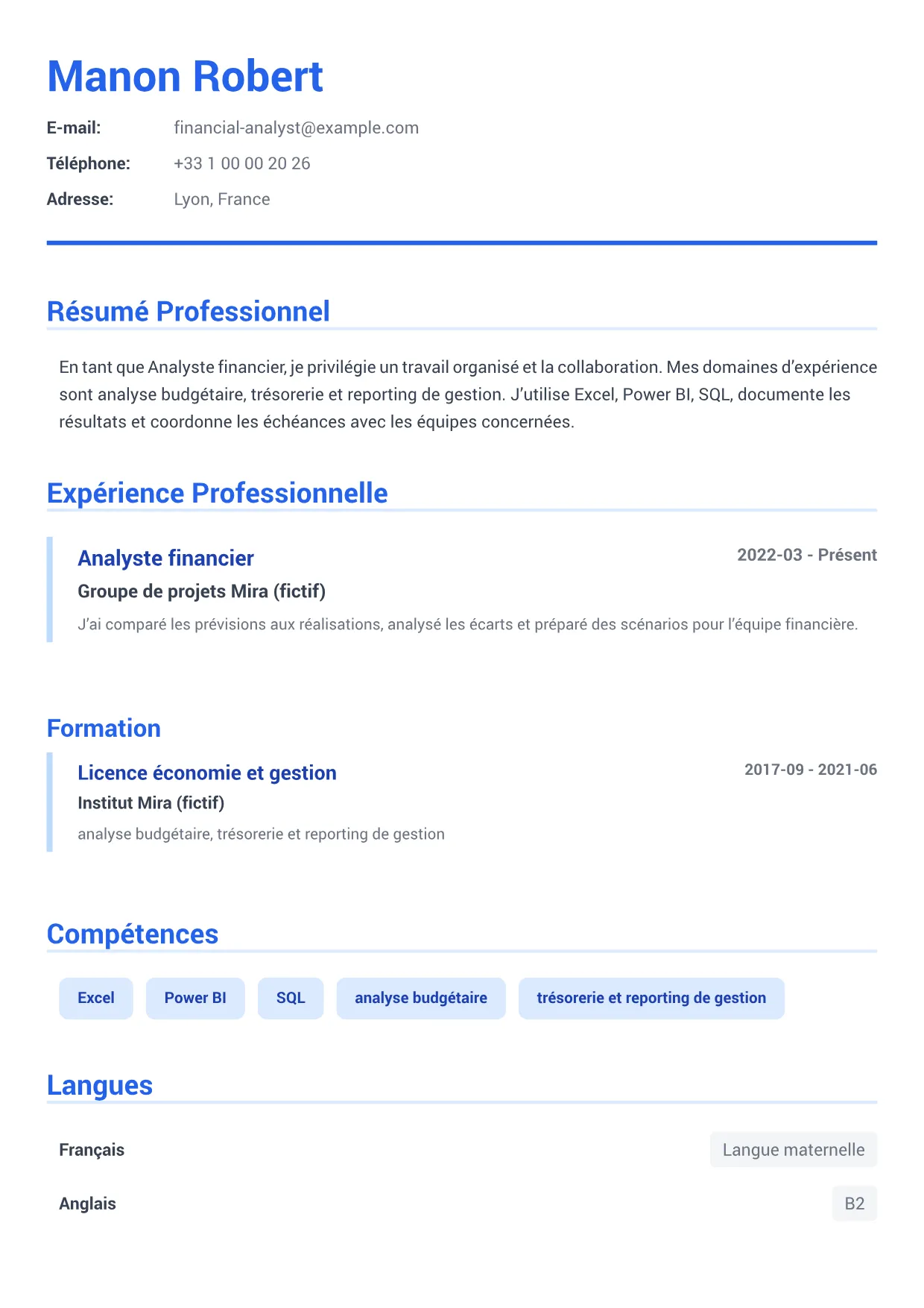 Exemple de CV Analyste financier – Bleu Exécutif (1/1)