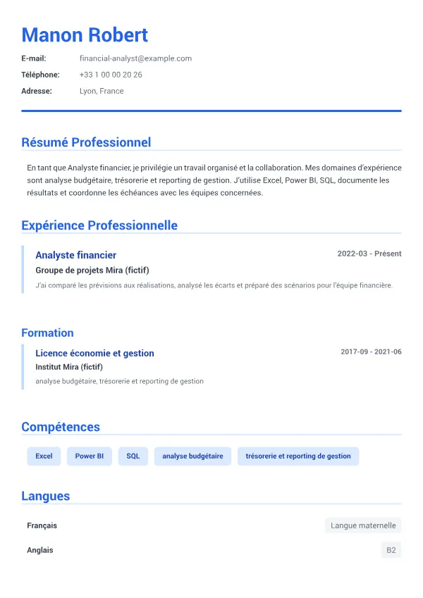 Analyste financier CV – Bleu Exécutif
