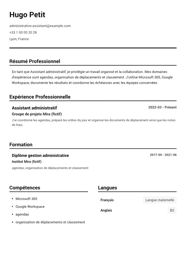 Assistant administratif CV – Noir & Blanc Clair