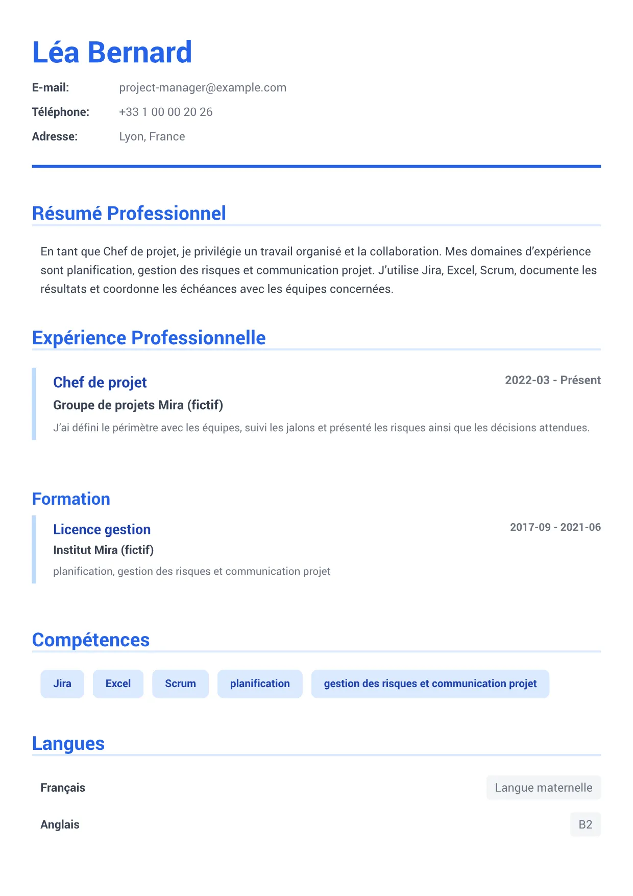 Exemple de CV Chef de projet – Bleu Exécutif (1/1)