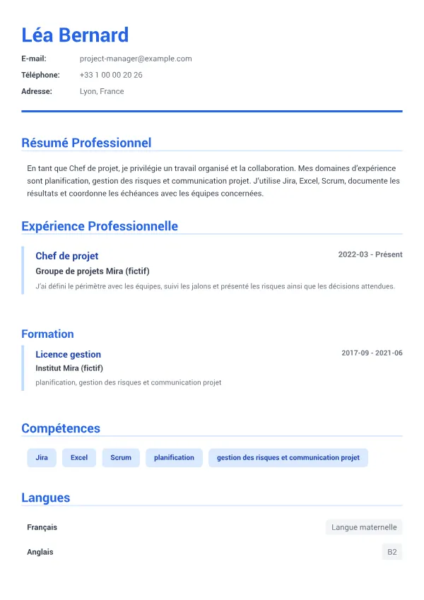 Chef de projet CV – Bleu Exécutif
