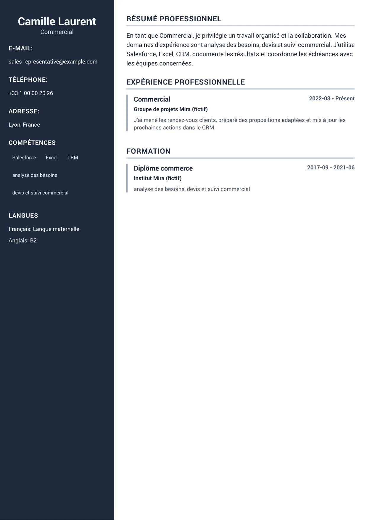 Exemple de CV Commercial – Sidebar Professionnel (1/1)