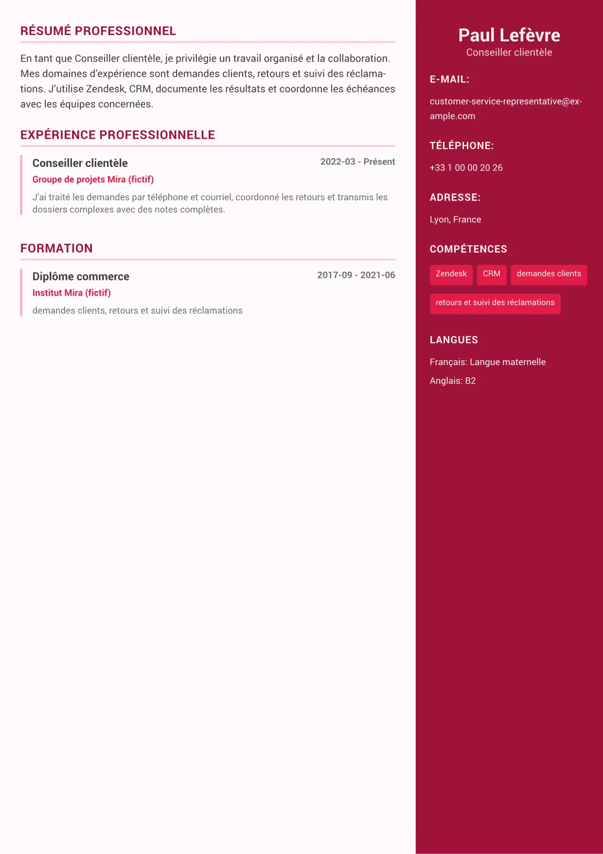Exemple de CV Conseiller clientèle – Sidebar Couleur Plus (1/1)