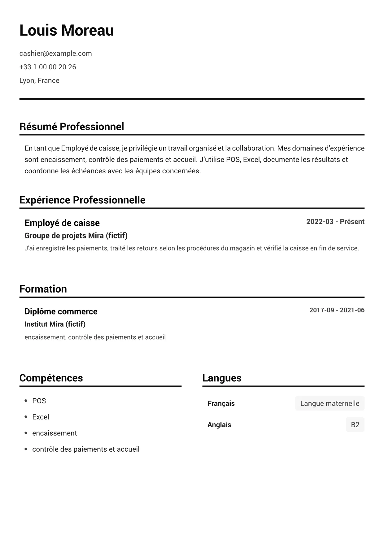 Exemple de CV Employé de caisse – Noir & Blanc Clair (1/1)