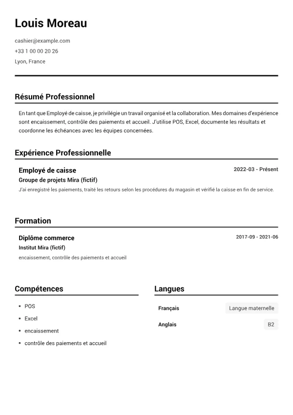 Employé de caisse CV – Noir & Blanc Clair