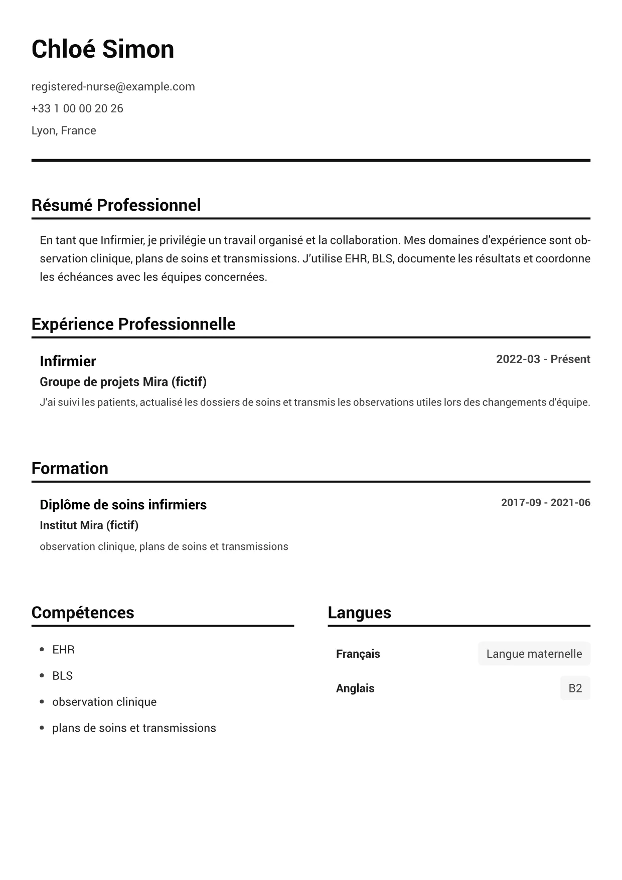 Exemple de CV Infirmier – Noir & Blanc Clair (1/1)