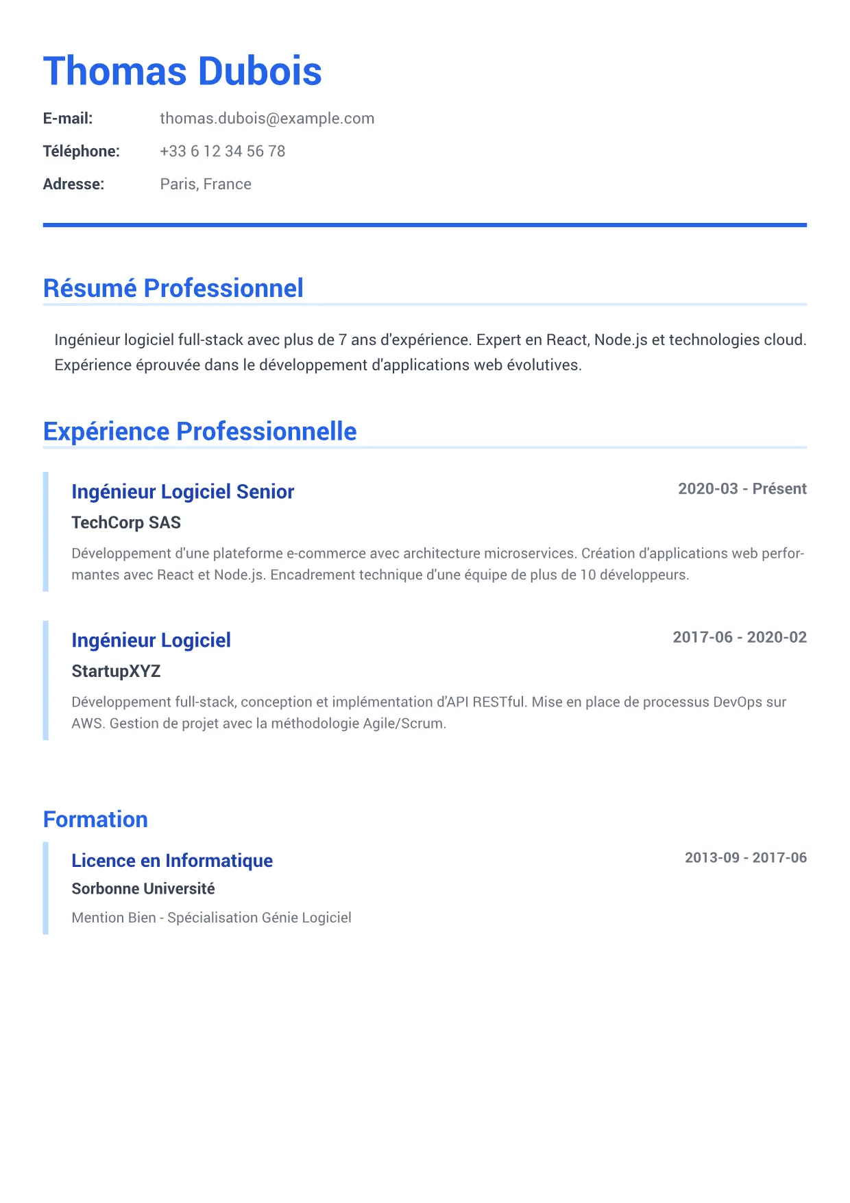 Exemple de CV Ingénieur Logiciel – Bleu Exécutif (1/2)