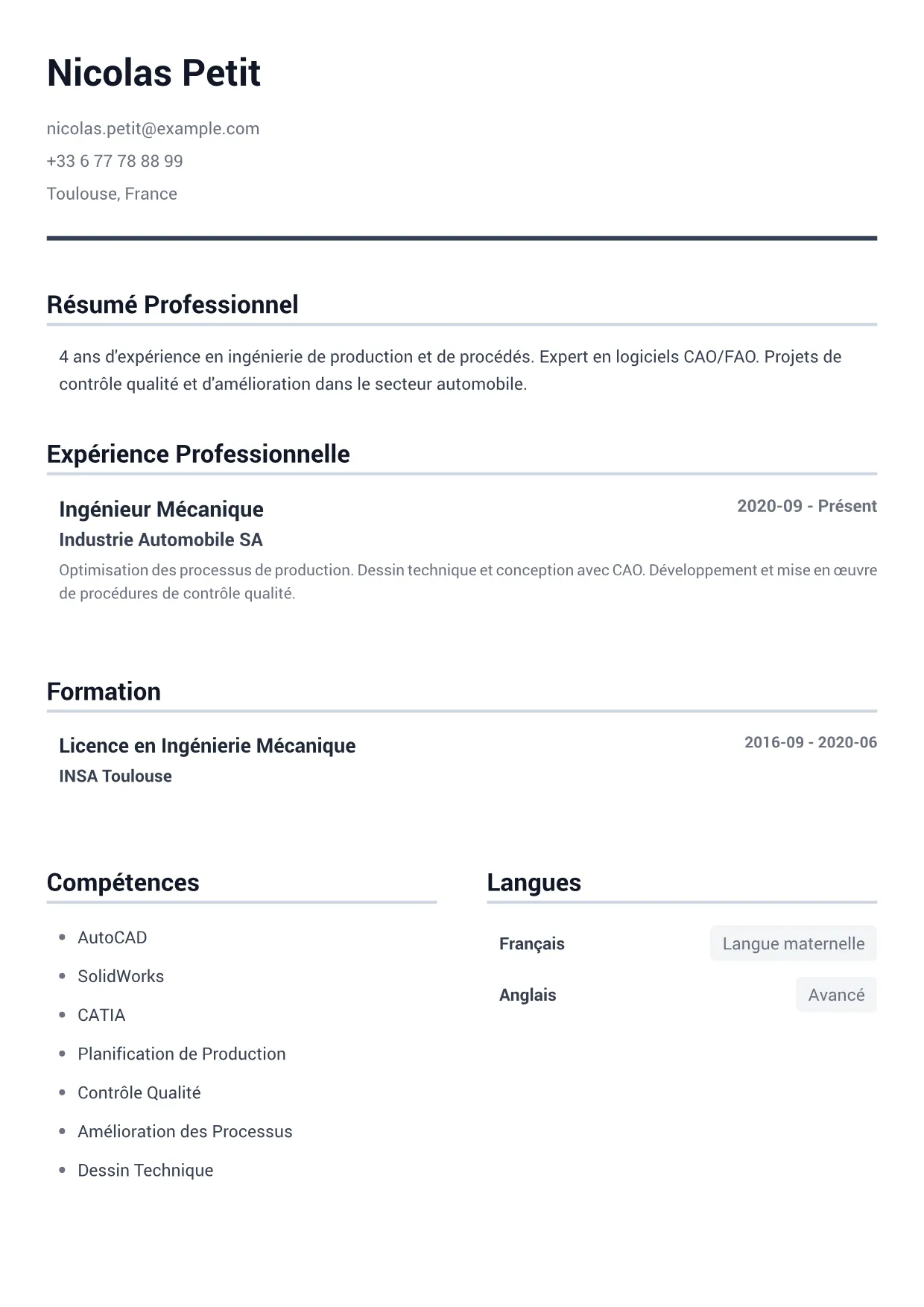 Exemple de CV Ingénieur Mécanique – Gris Minimal (1/1)