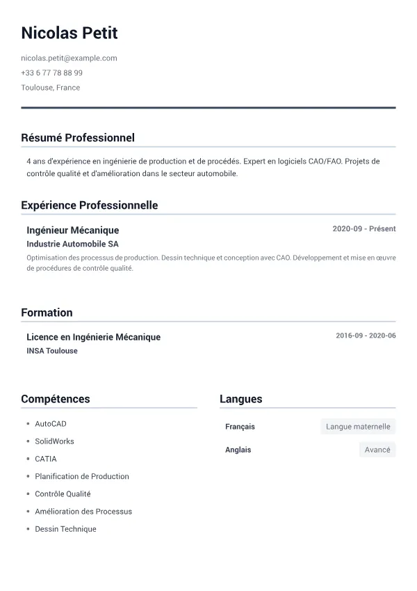Ingénieur Mécanique CV – Gris Minimal