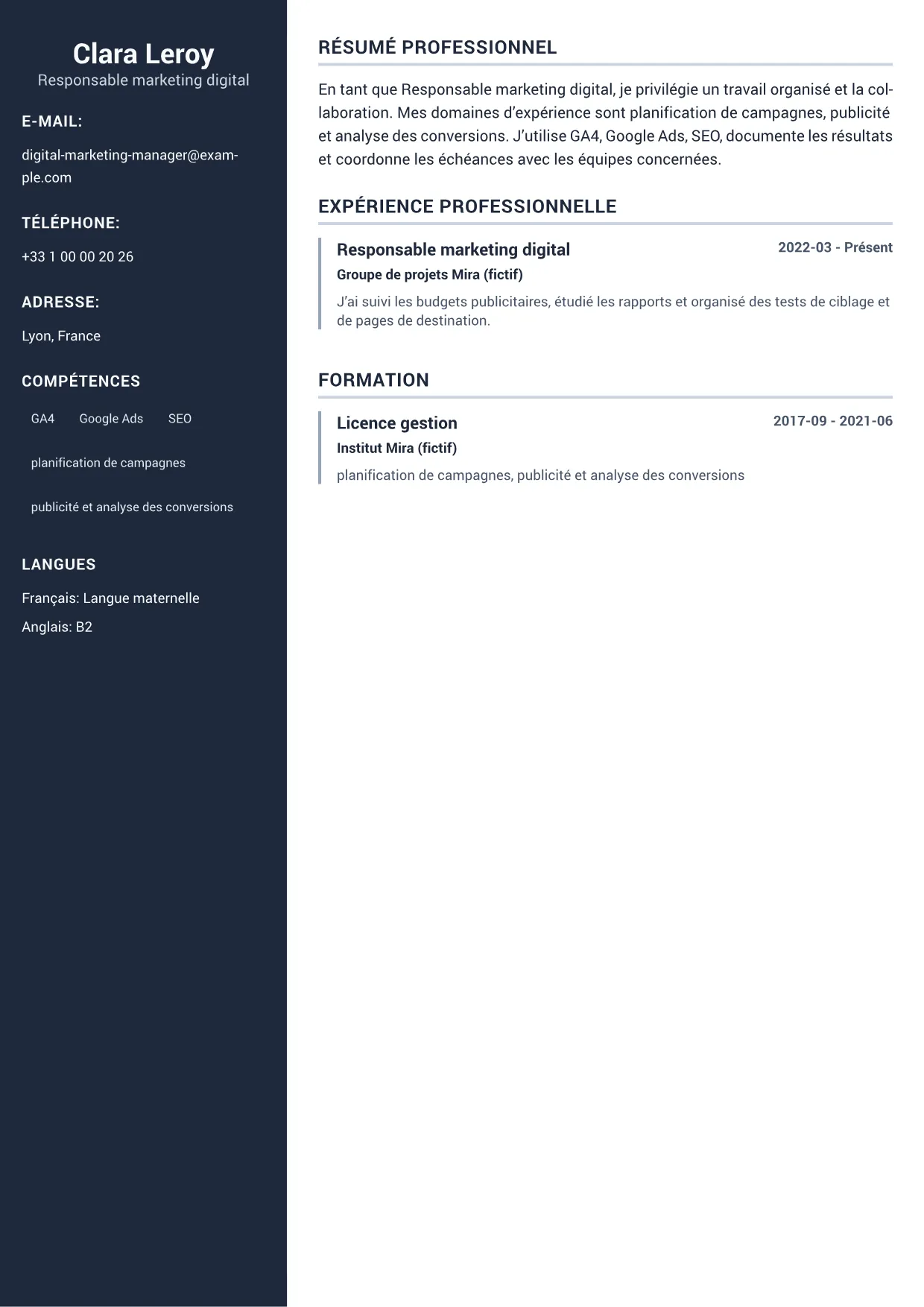 Exemple de CV Responsable marketing digital – Sidebar Professionnel (1/1)
