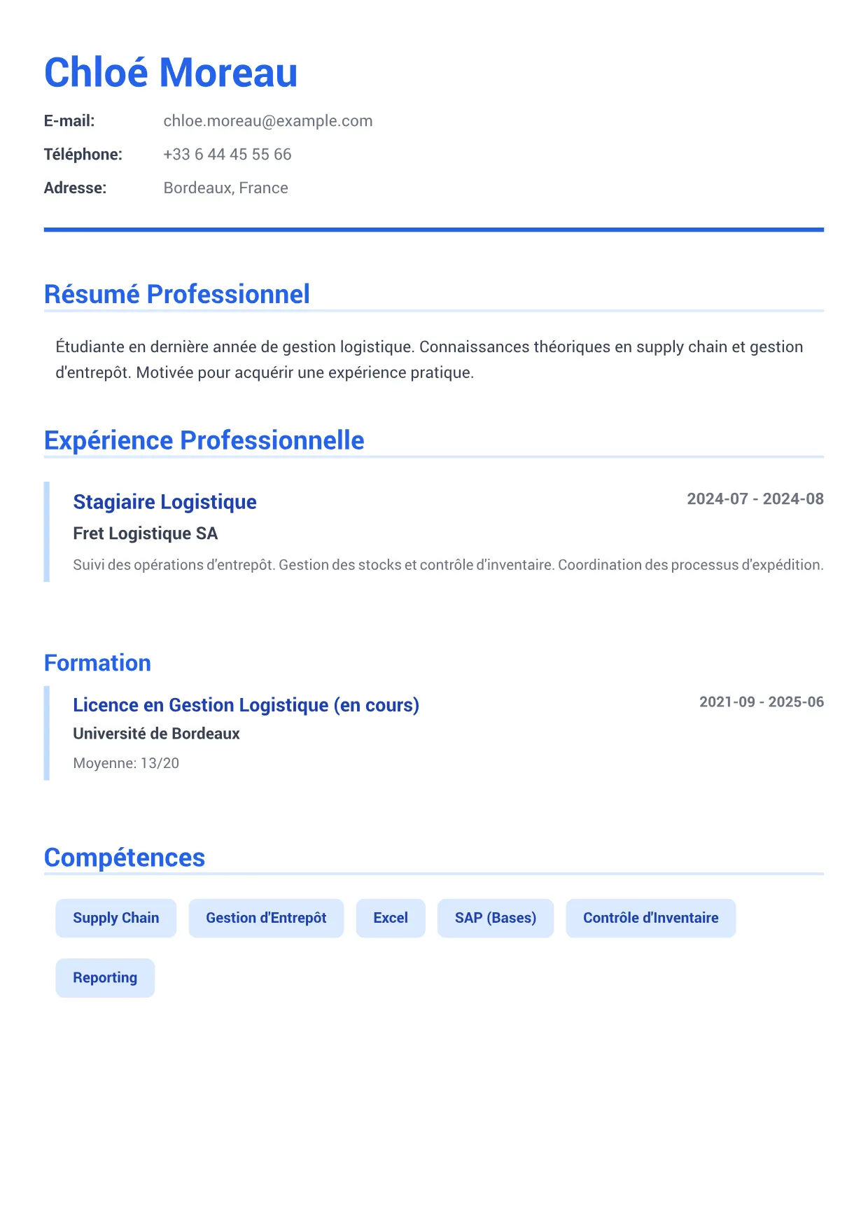 Exemple de CV Stagiaire Logistique – Bleu Exécutif (1/2)