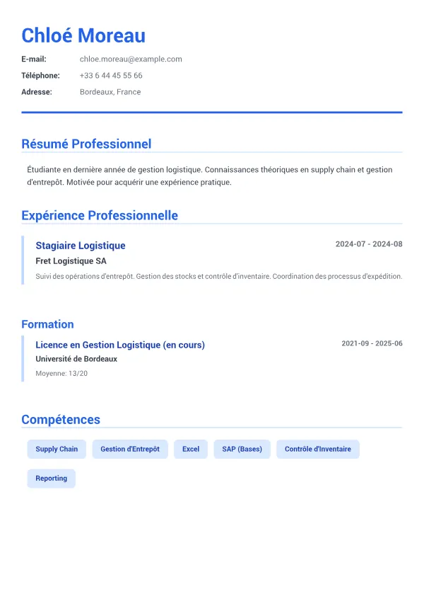 Stagiaire Logistique CV – Bleu Exécutif