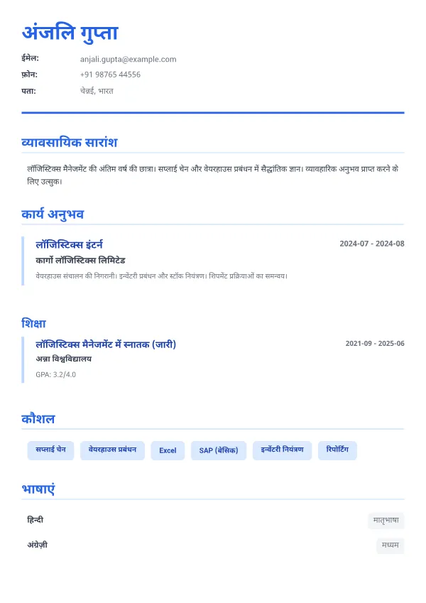 लॉजिस्टिक्स इंटर्न CV – एग्जीक्यूटिव ब्लू