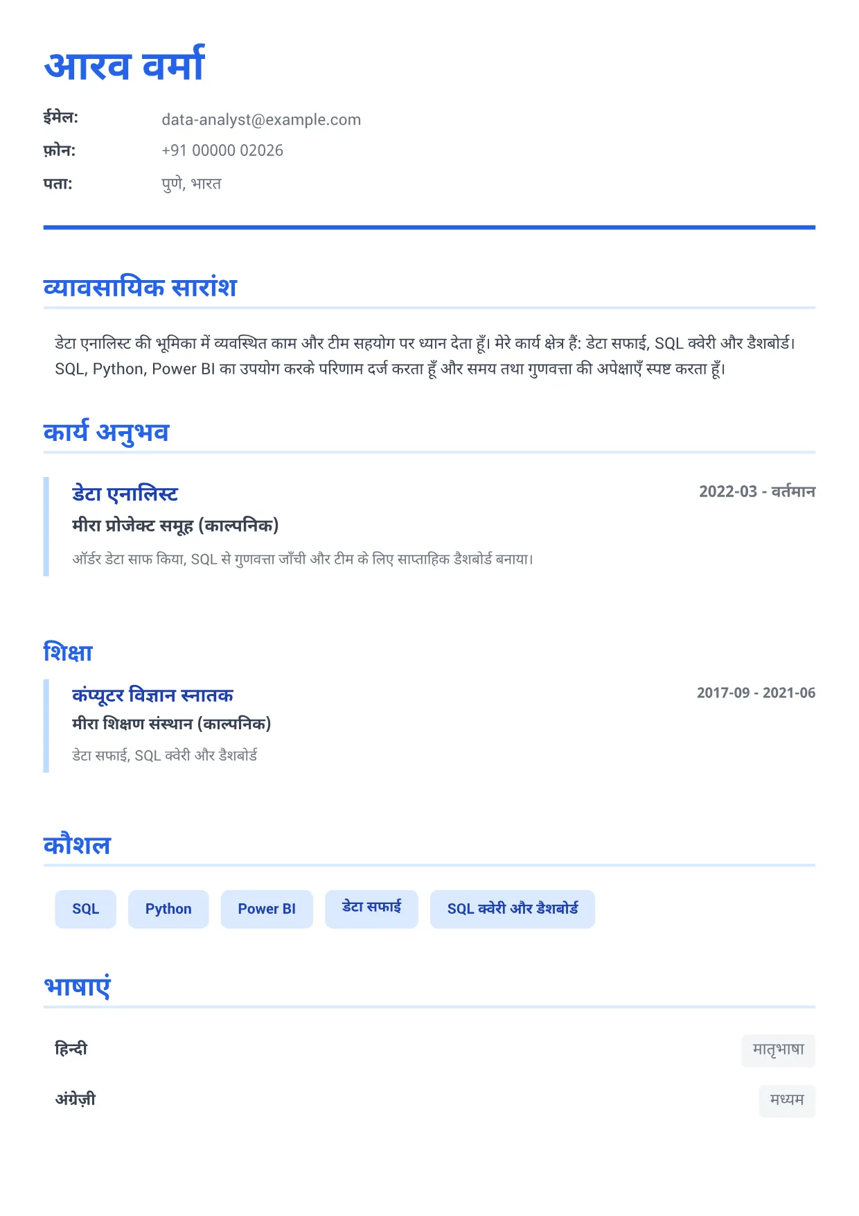 डेटा एनालिस्ट CV उदाहरण – एग्जीक्यूटिव ब्लू (1/1)