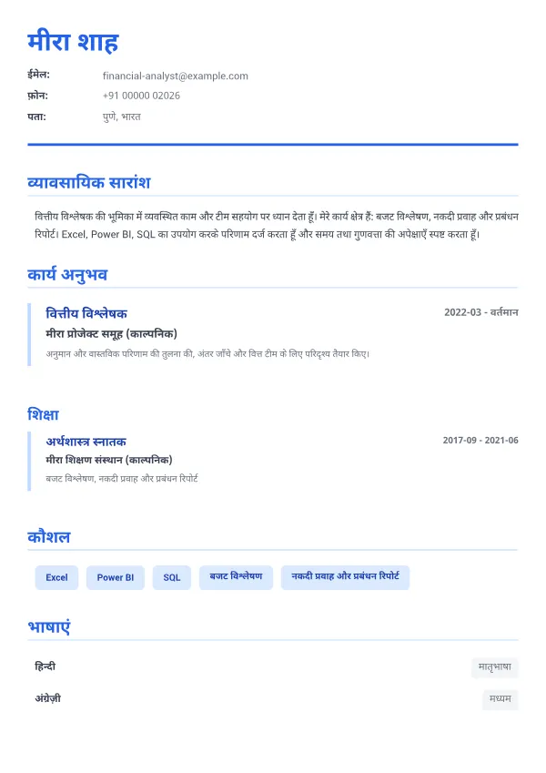 वित्तीय विश्लेषक CV – एग्जीक्यूटिव ब्लू