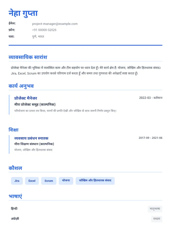 प्रोजेक्ट मैनेजर CV – एग्जीक्यूटिव ब्लू
