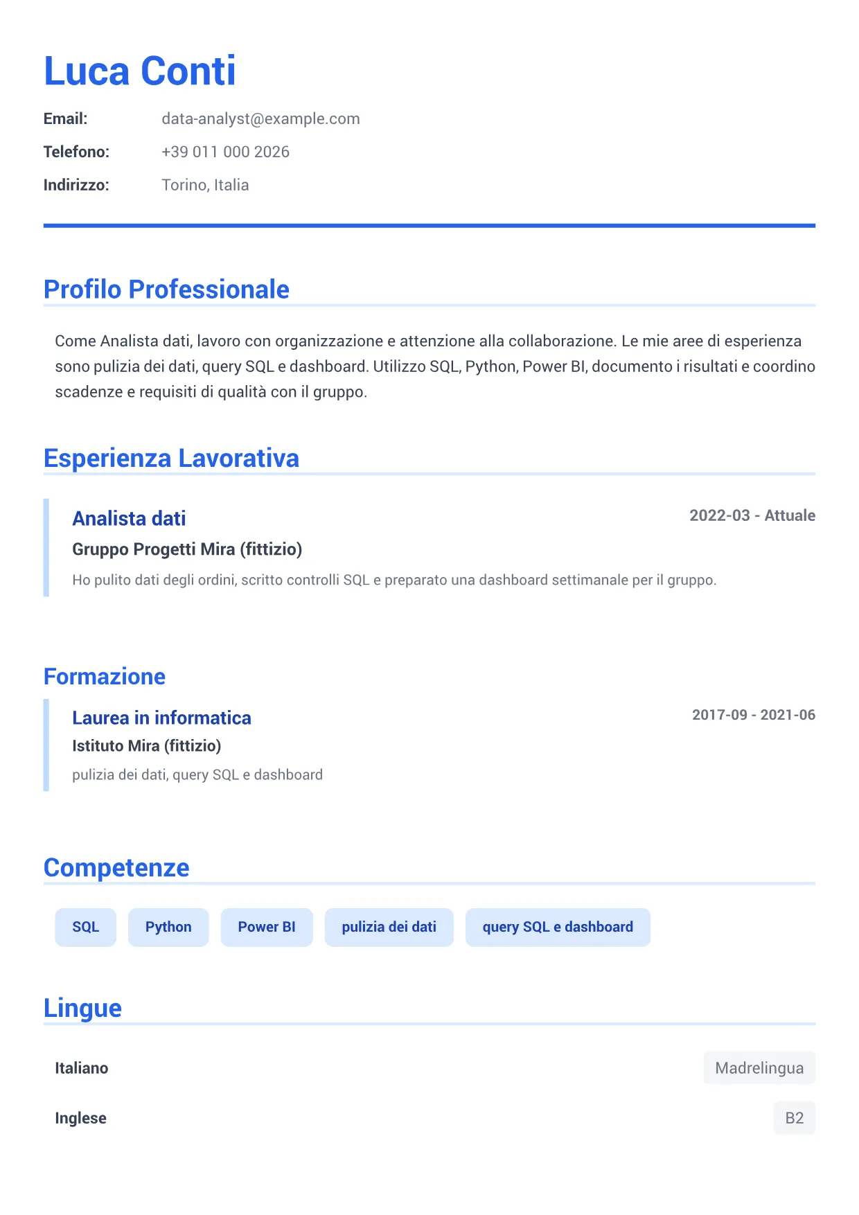 Esempio di CV Analista dati – Blu Executive (1/1)