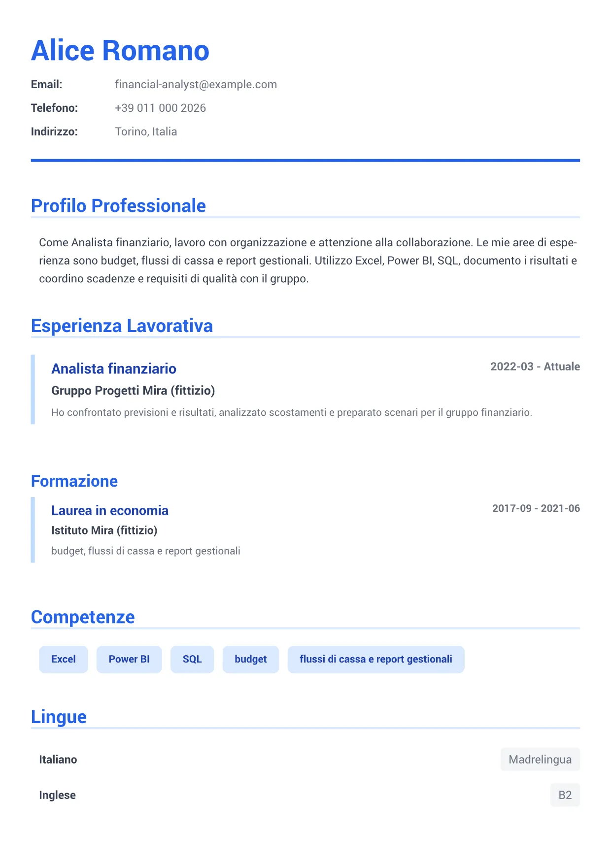 Esempio di CV Analista finanziario – Blu Executive (1/1)