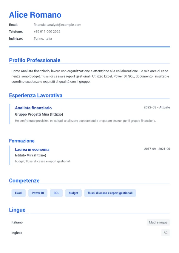 Analista finanziario CV – Blu Executive