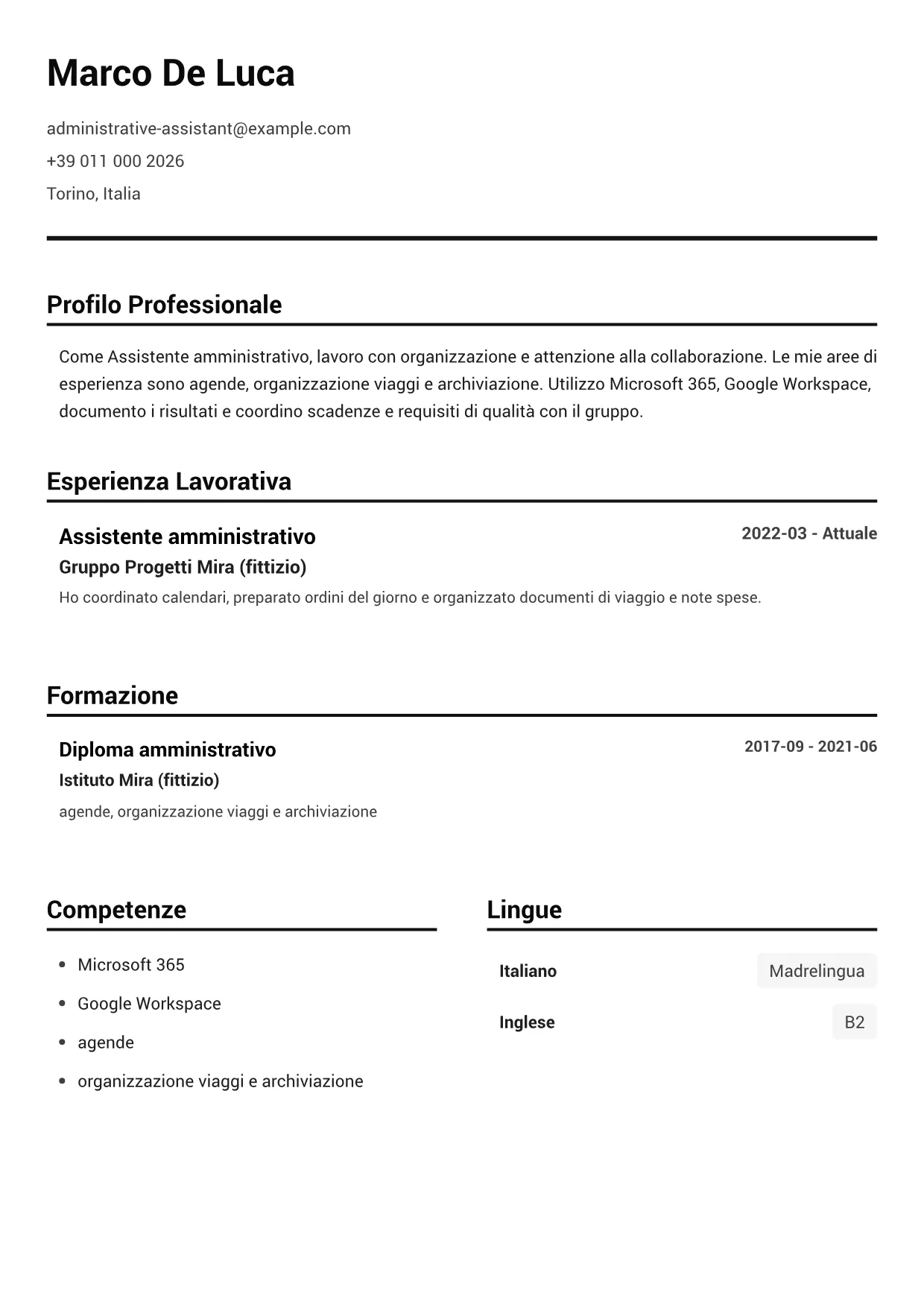 Esempio di CV Assistente amministrativo – Bianco e Nero Pulito (1/1)