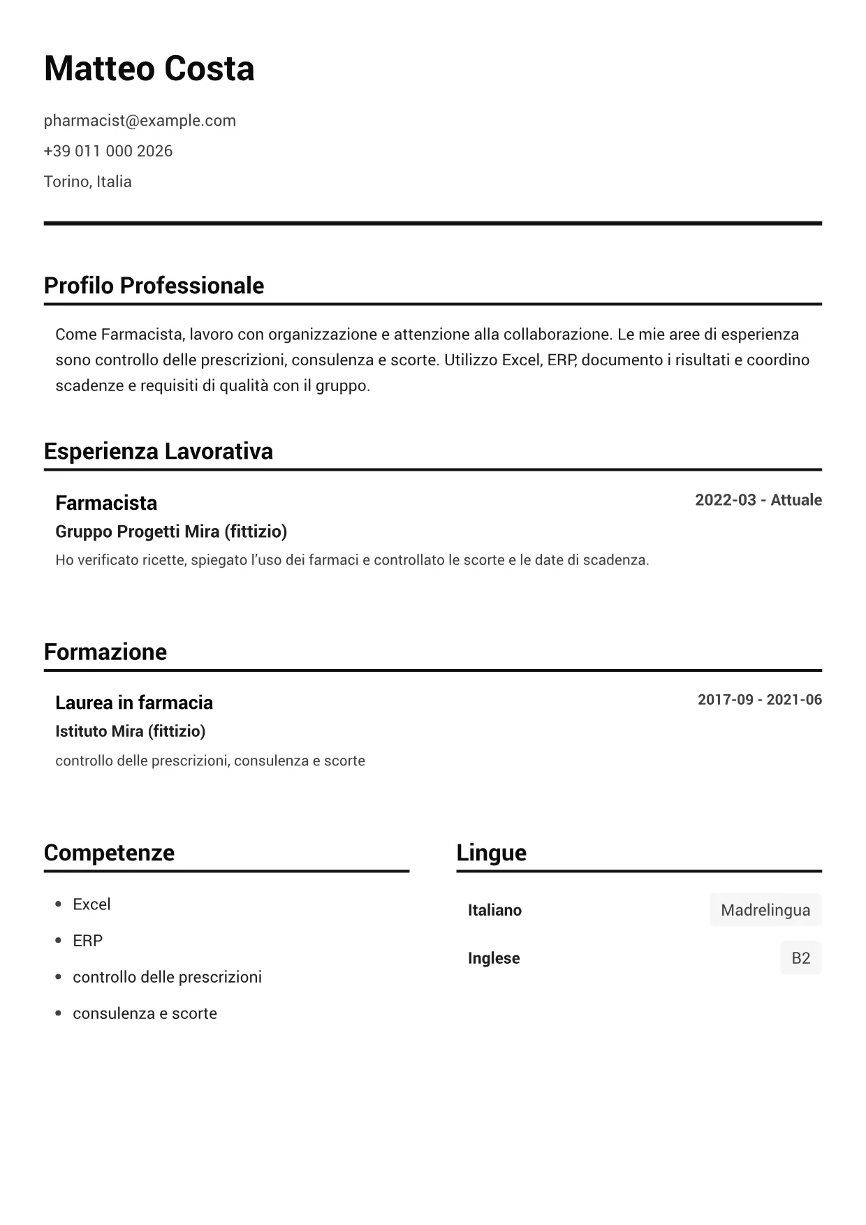 Esempio di CV Farmacista – Bianco e Nero Pulito (1/1)