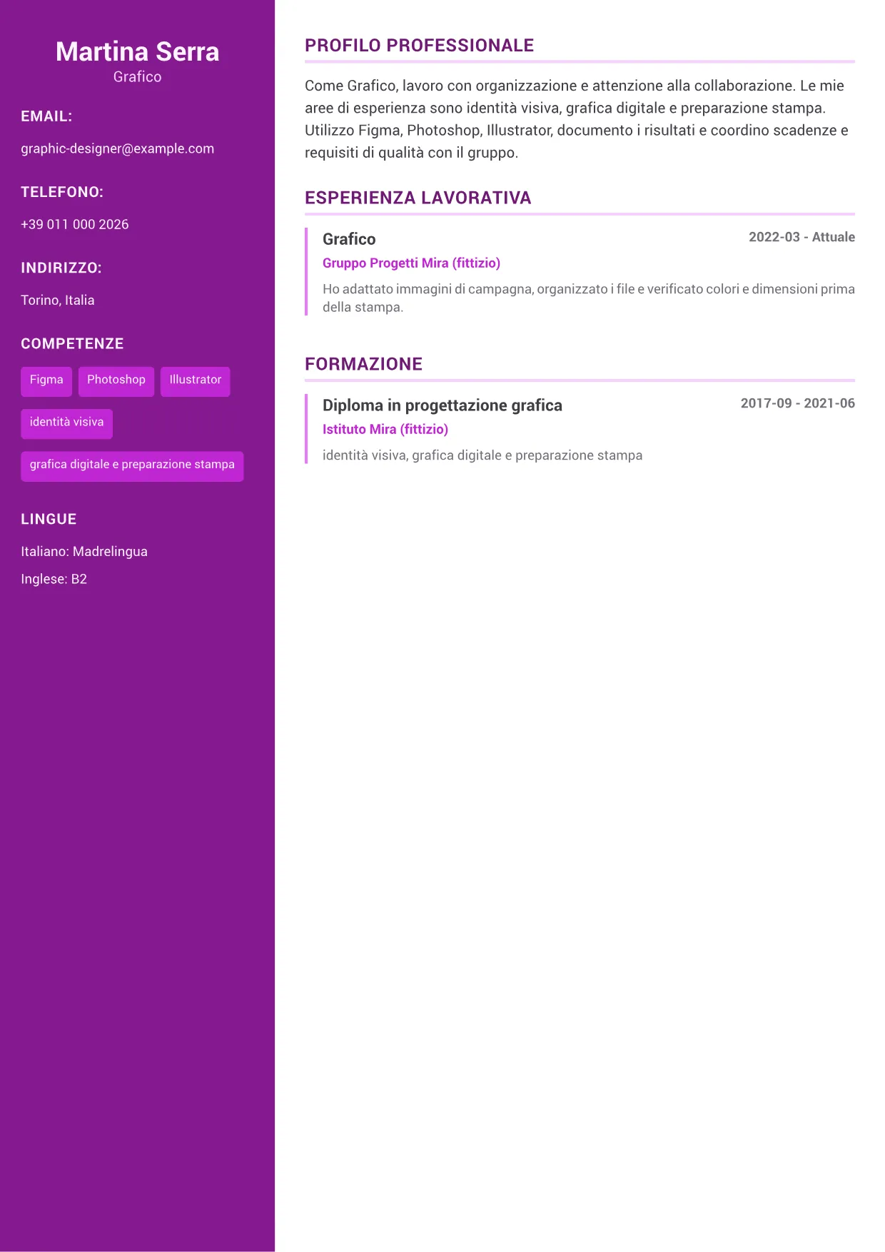 Esempio di CV Grafico – Accento Creativo (1/1)