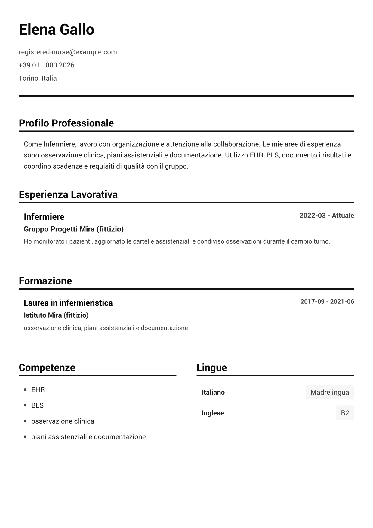 Esempio di CV Infermiere – Bianco e Nero Pulito (1/1)
