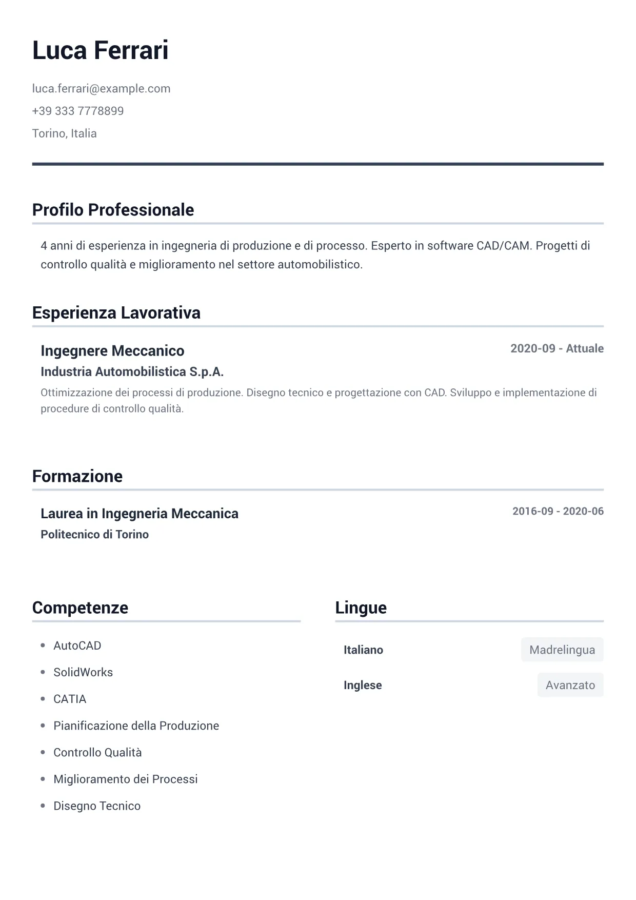 Esempio di CV Ingegnere Meccanico – Grigio Minimal (1/1)