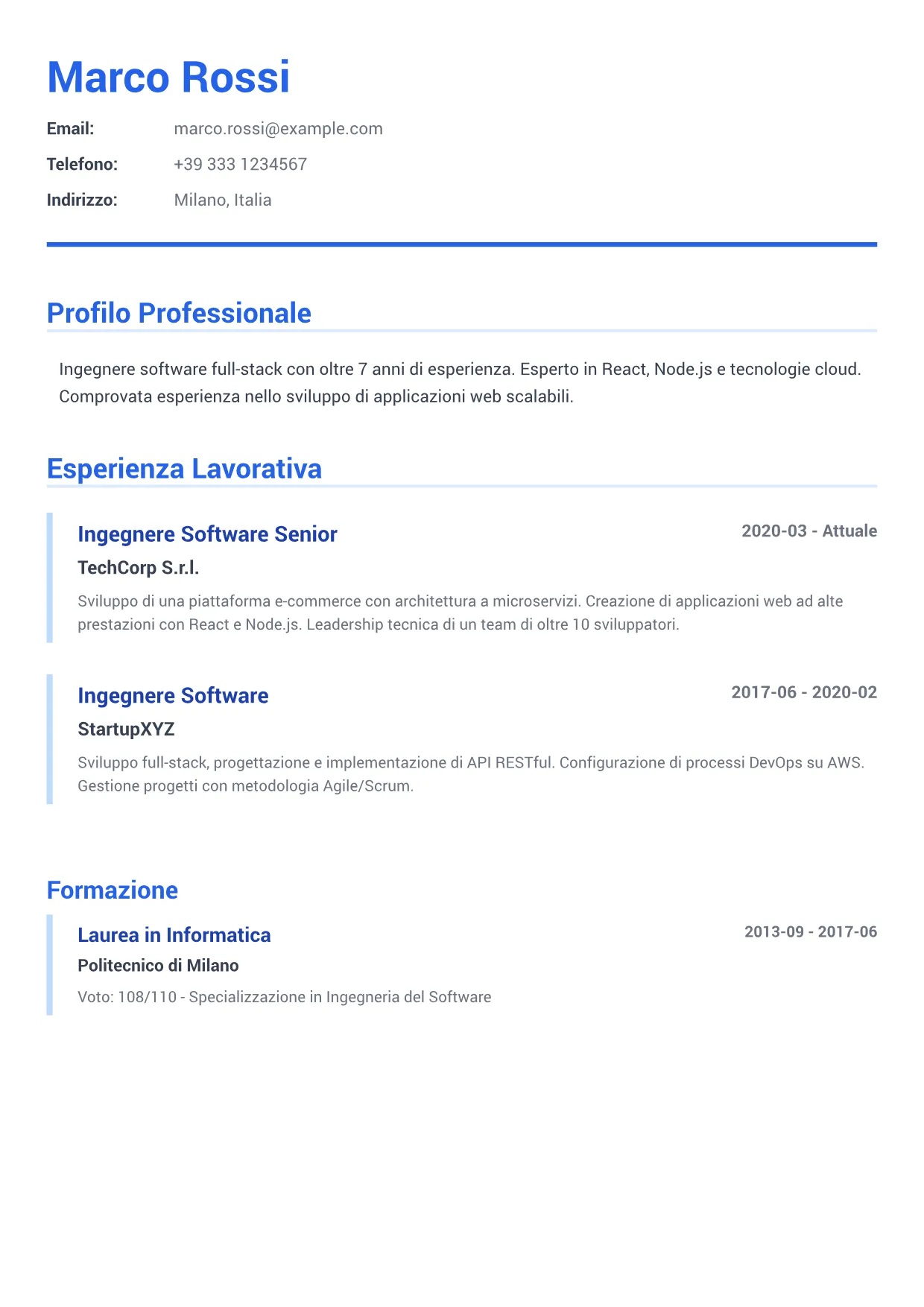 Esempio di CV Ingegnere Software – Blu Executive (1/2)