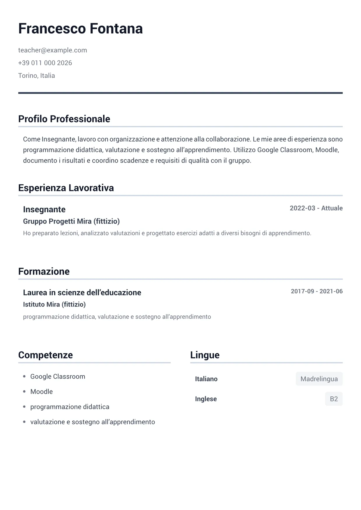 Esempio di CV Insegnante – Grigio Minimal (1/1)
