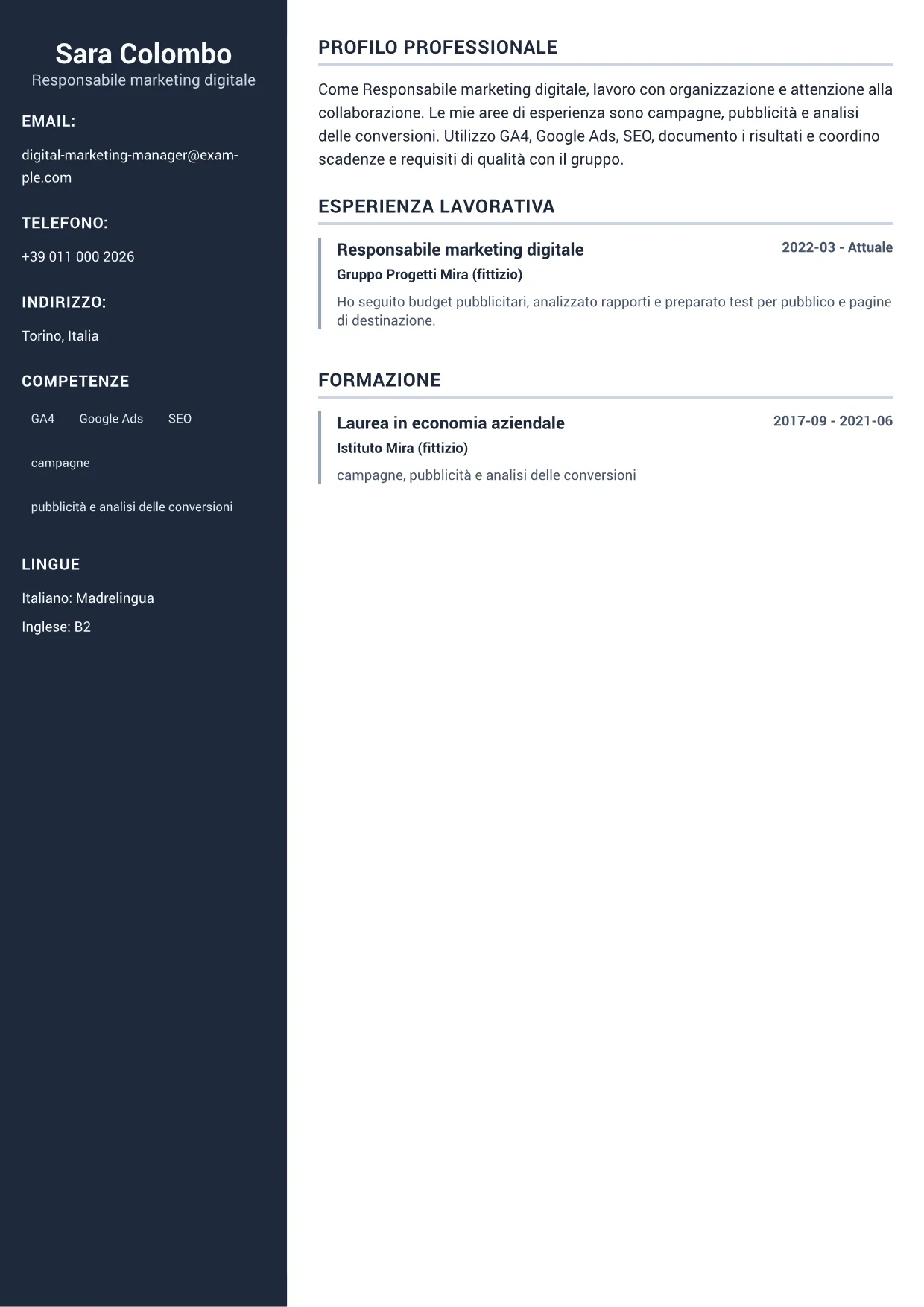 Esempio di CV Responsabile marketing digitale – Sidebar Professionale (1/1)
