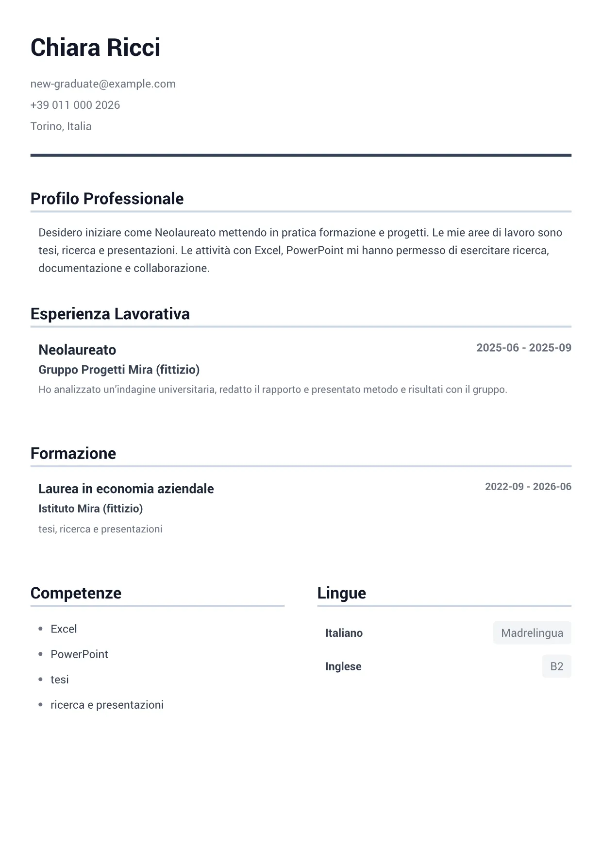 Esempio di CV Neolaureato – Grigio Minimal (1/1)