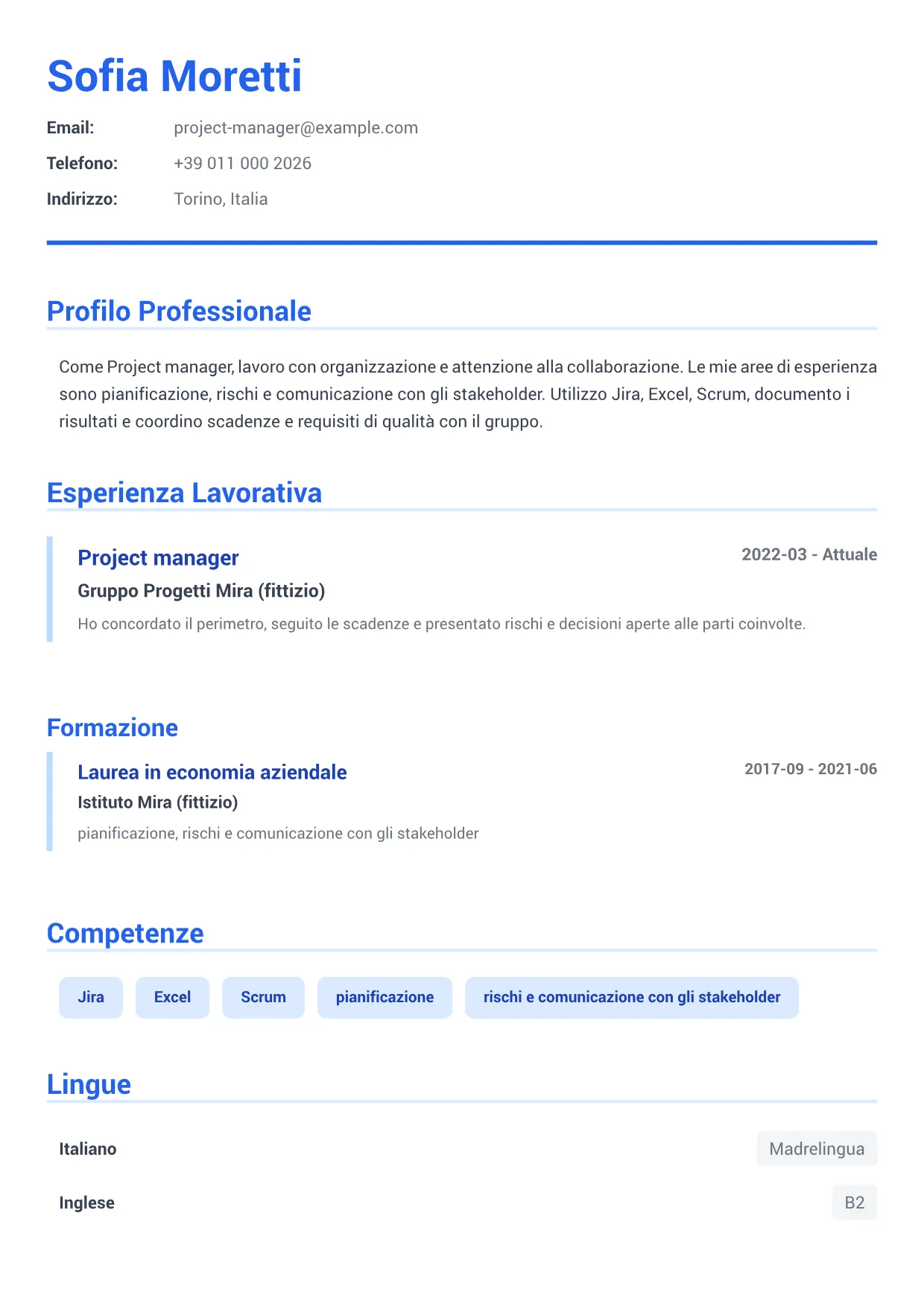 Esempio di CV Project manager – Blu Executive (1/1)