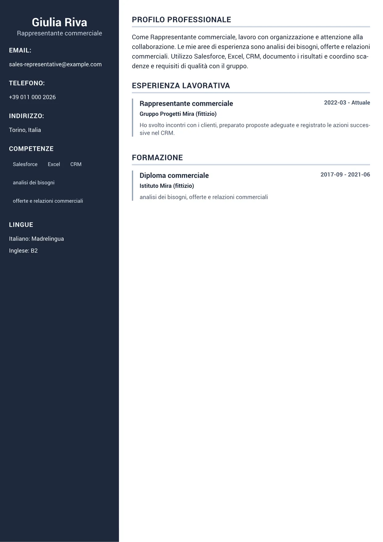 Esempio di CV Rappresentante commerciale – Sidebar Professionale (1/1)