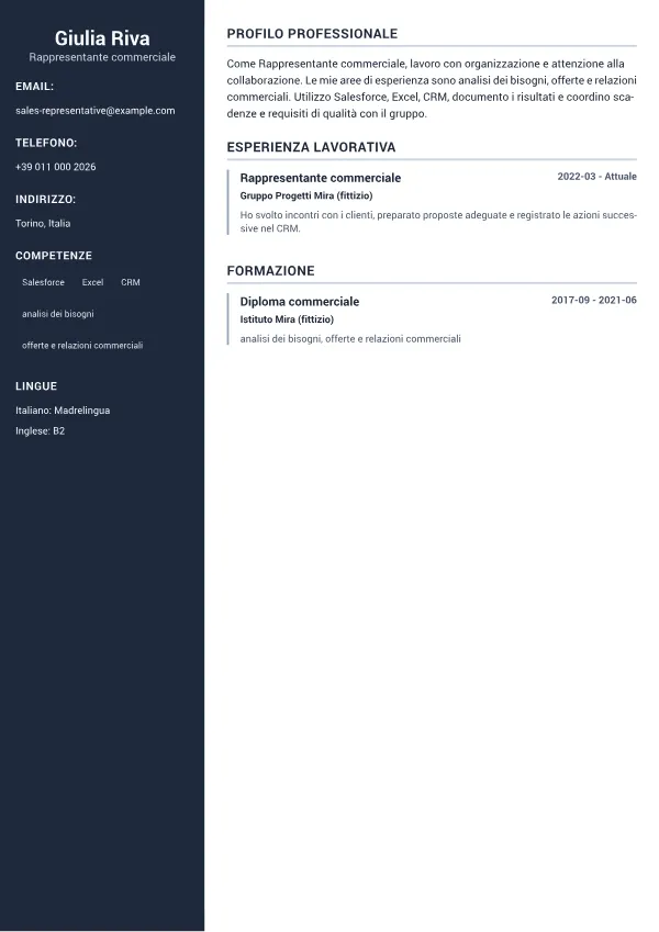 Rappresentante commerciale CV – Sidebar Professionale