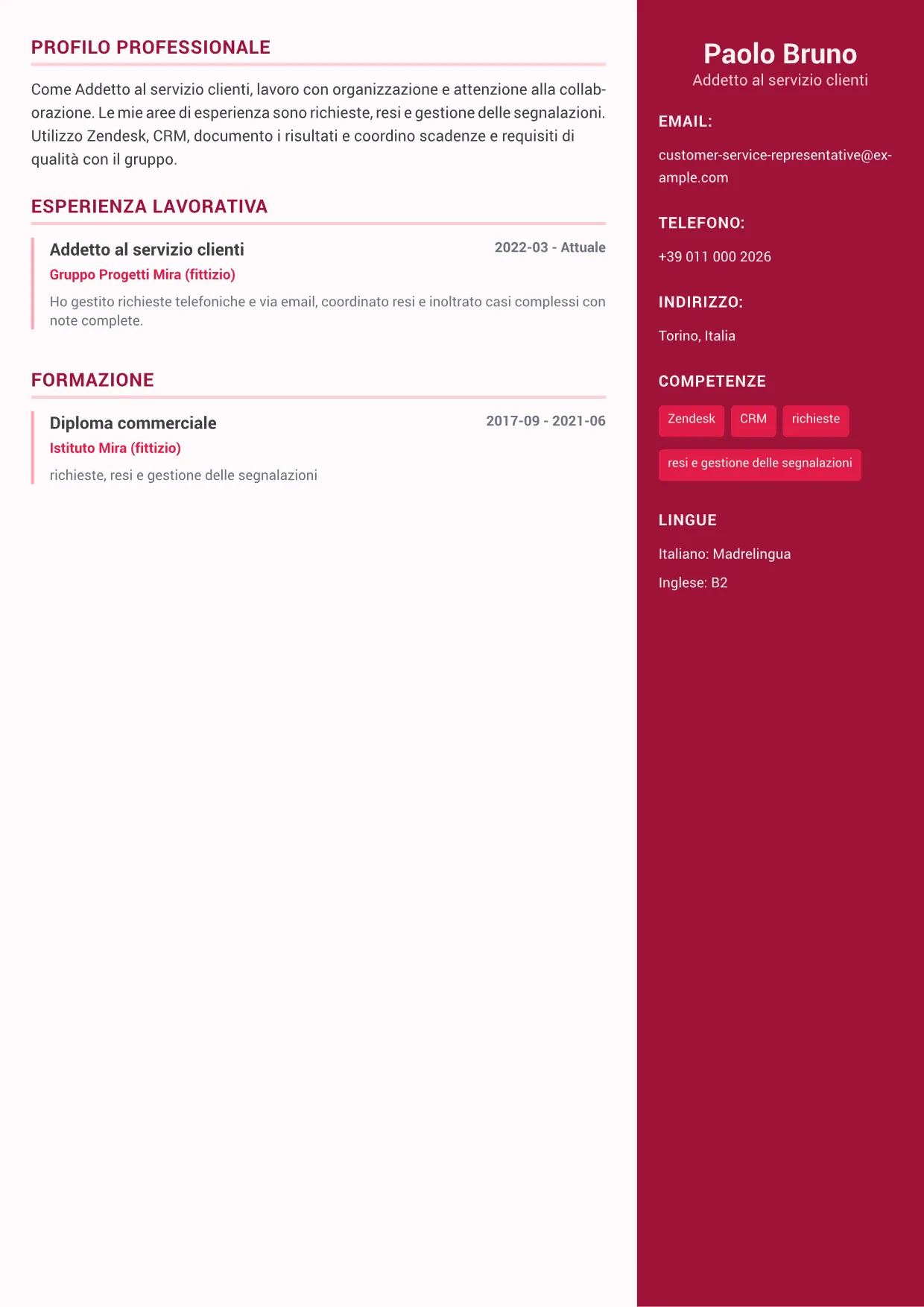 Esempio di CV Addetto al servizio clienti – Sidebar Colore Plus (1/1)