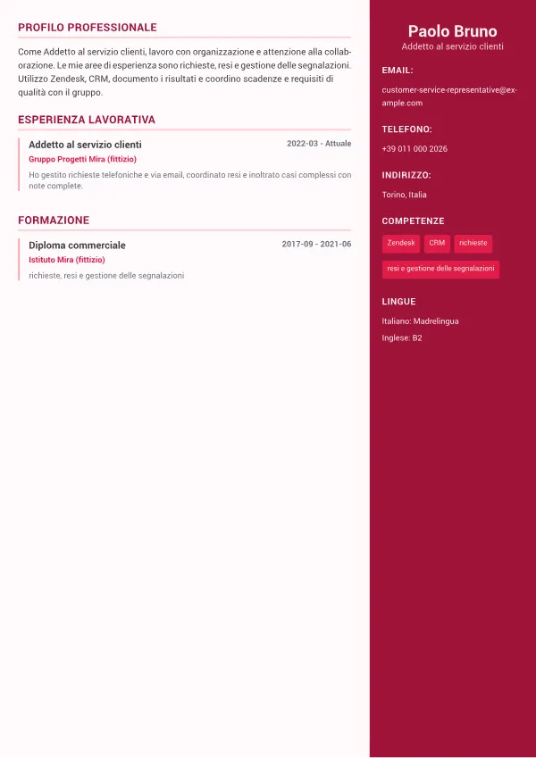 Addetto al servizio clienti CV – Sidebar Colore Plus