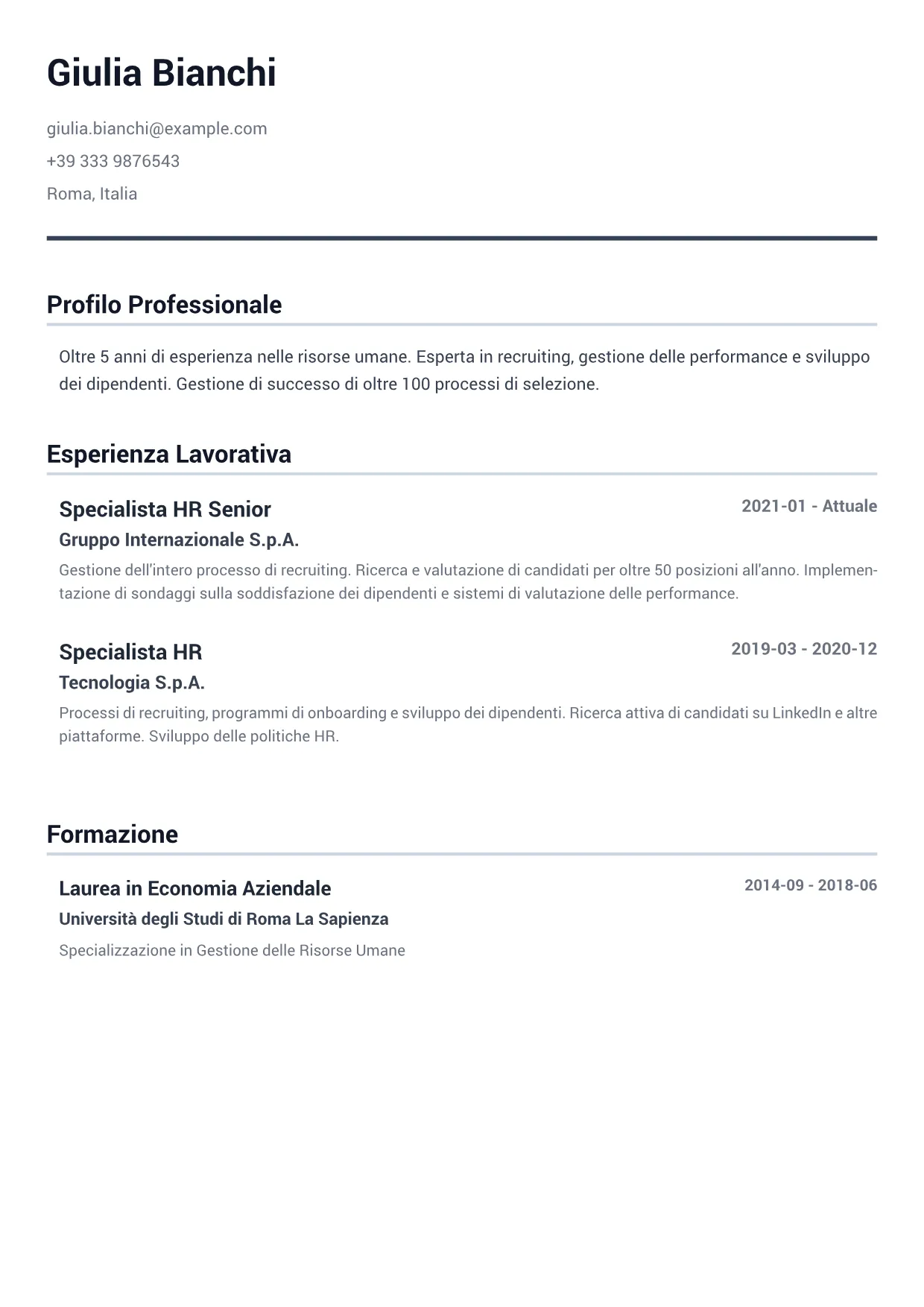 Esempio di CV Specialista Risorse Umane – Grigio Minimal (1/2)