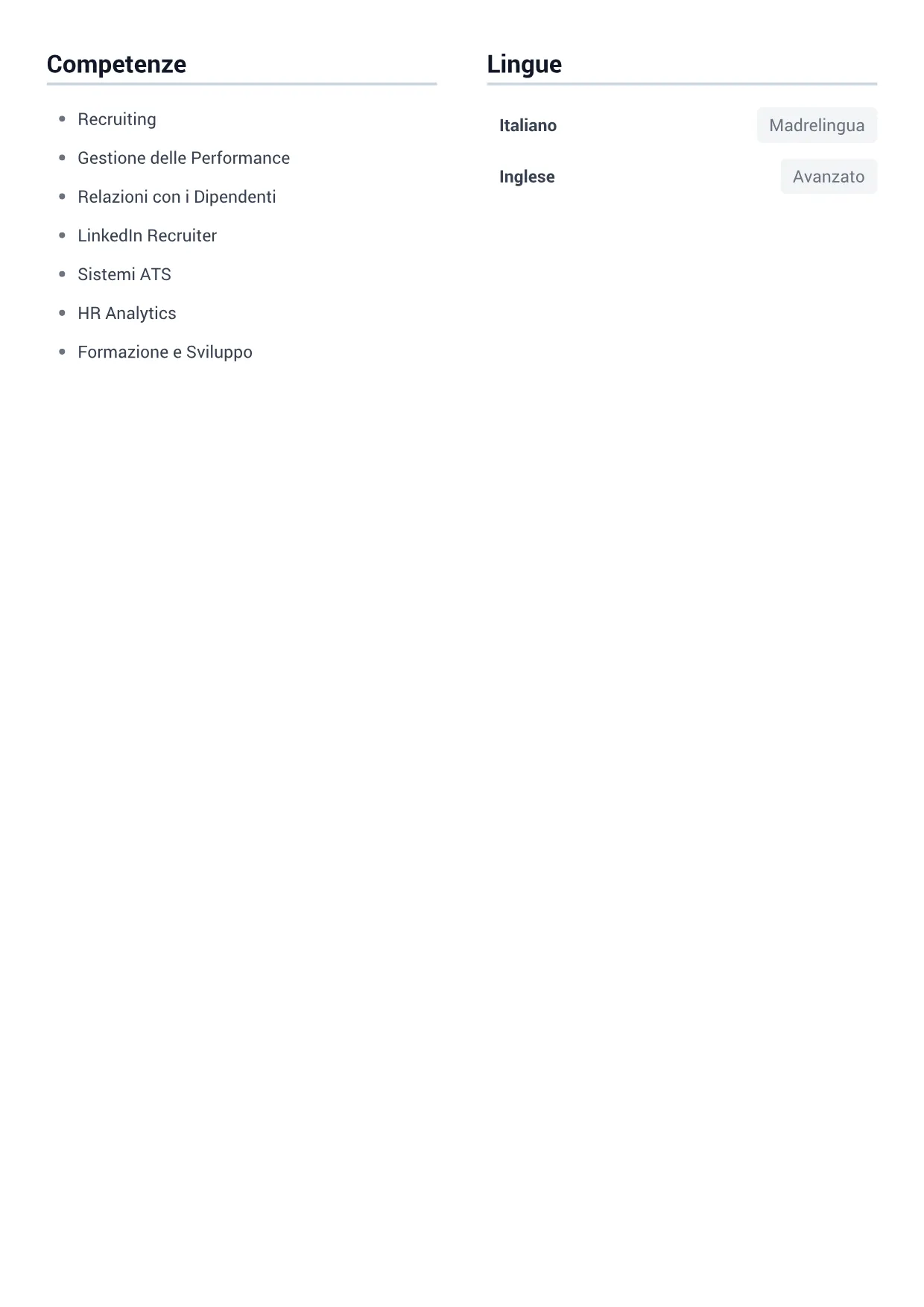 Esempio di CV Specialista Risorse Umane – Grigio Minimal (2/2)