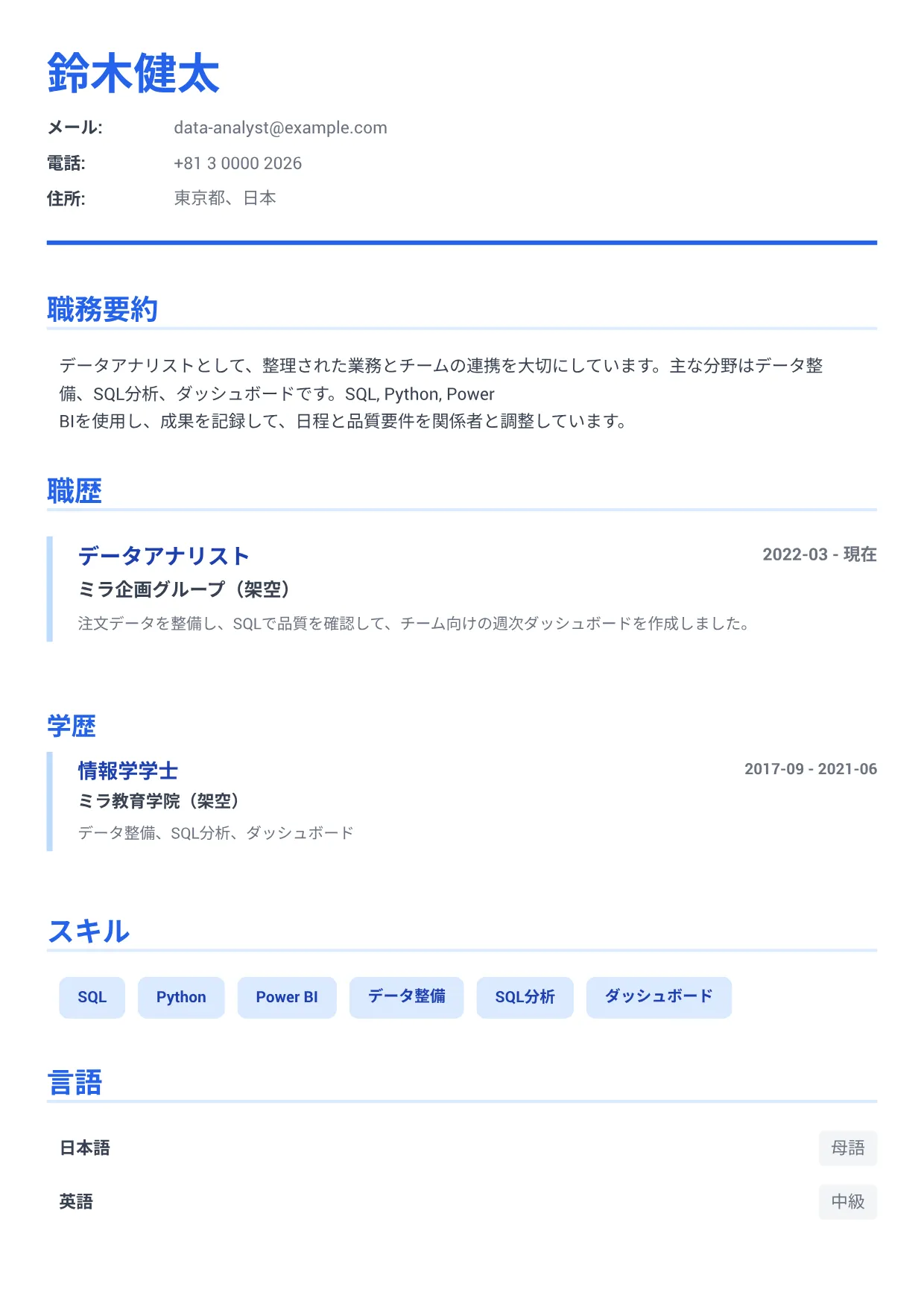 データアナリストの履歴書例文 – エグゼクティブ・ブルー (1/1)
