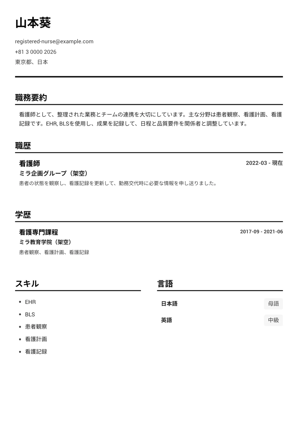 看護師の履歴書例文 – モノクロ・クリア (1/1)