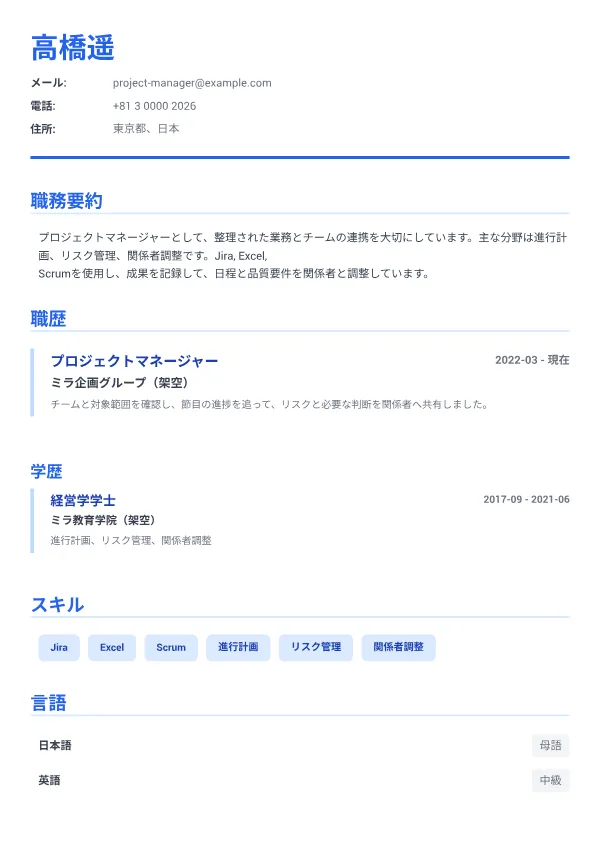 プロジェクトマネージャー CV – エグゼクティブ・ブルー
